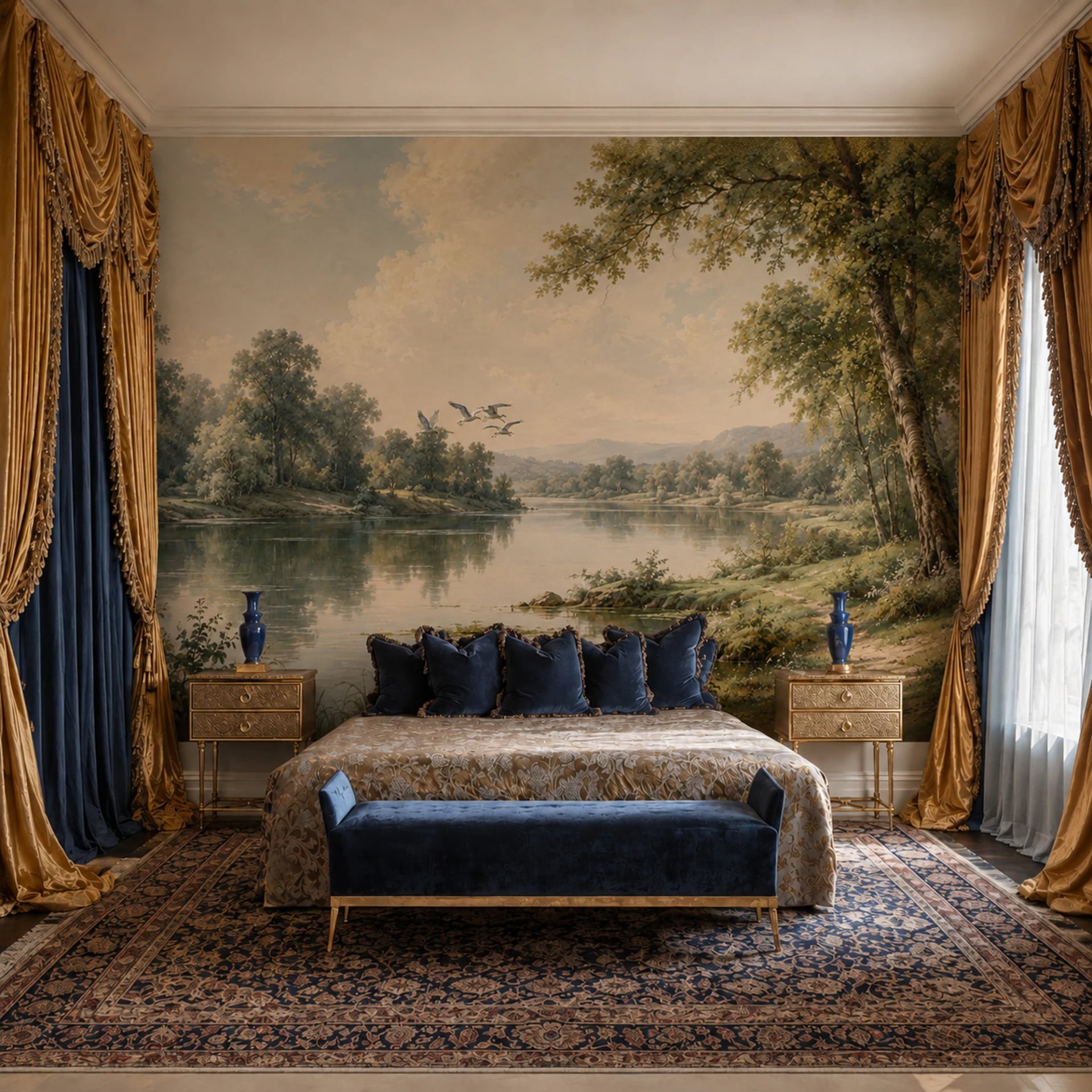 Pastoral River Flight wall mural shown in a styled interior, view 2