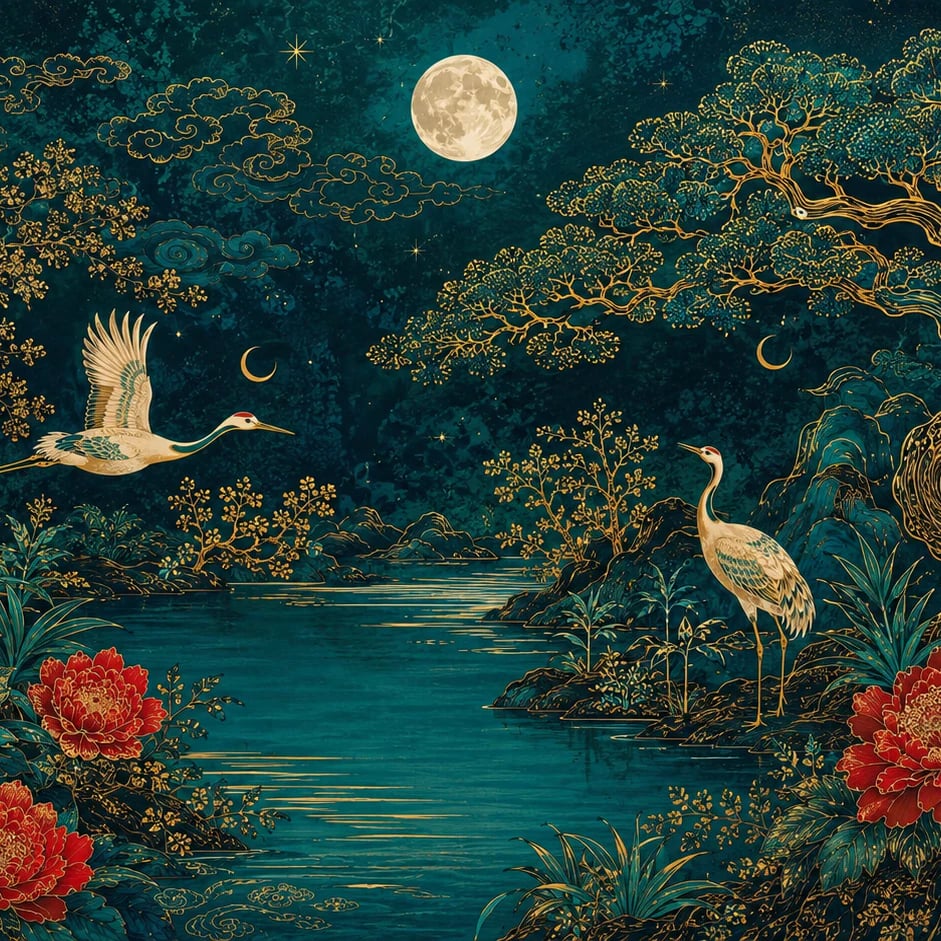 Gros plan sur le motif Rivière aux grues au clair de lune à l'échelle d'impression