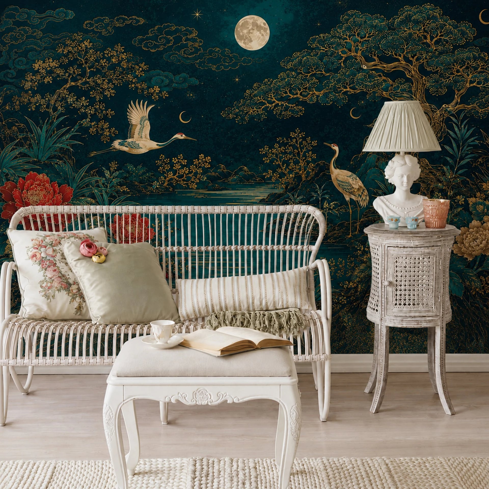 Papier peint panoramique Rivière aux grues au clair de lune présenté dans un intérieur décoré, vue 2