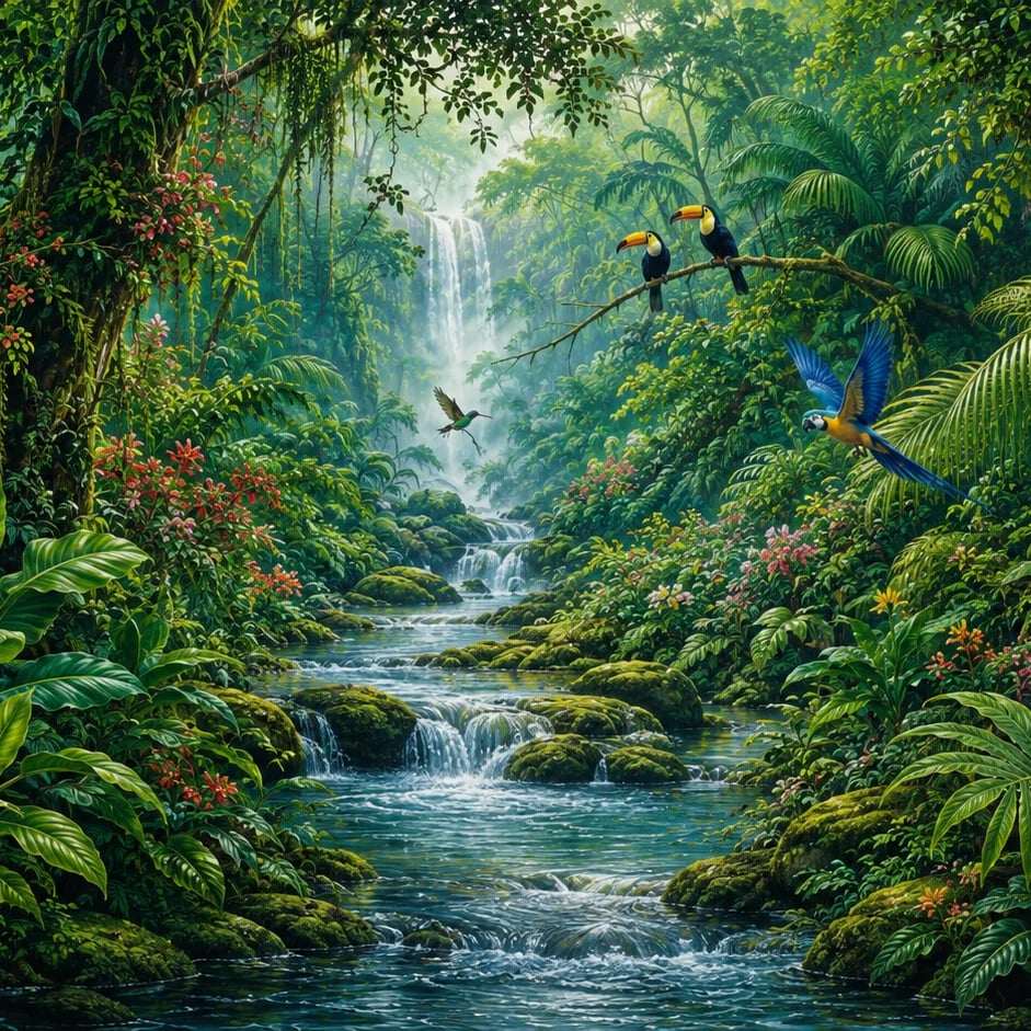 Nahaufnahme des Kunstwerks Regenwald-Wasserfallblick im Druckmaßstab