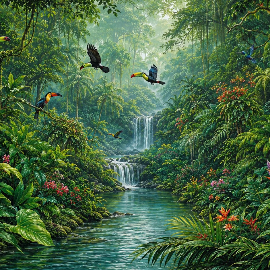 Close-up of the Toucan Waterfall Rainforest artwork at printed scale