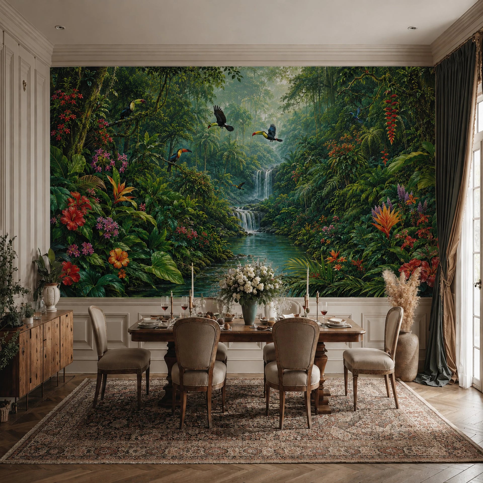 Toucan Waterfall Rainforest wall mural shown in a styled interior, view 2