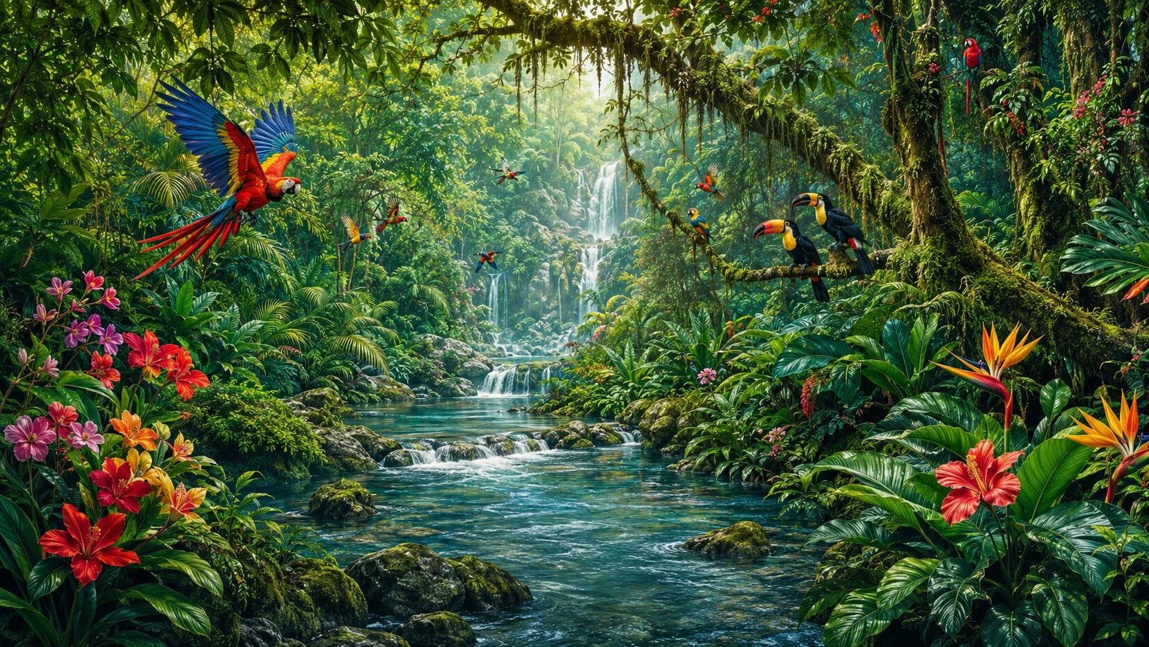 Arroyo selvático con tucán