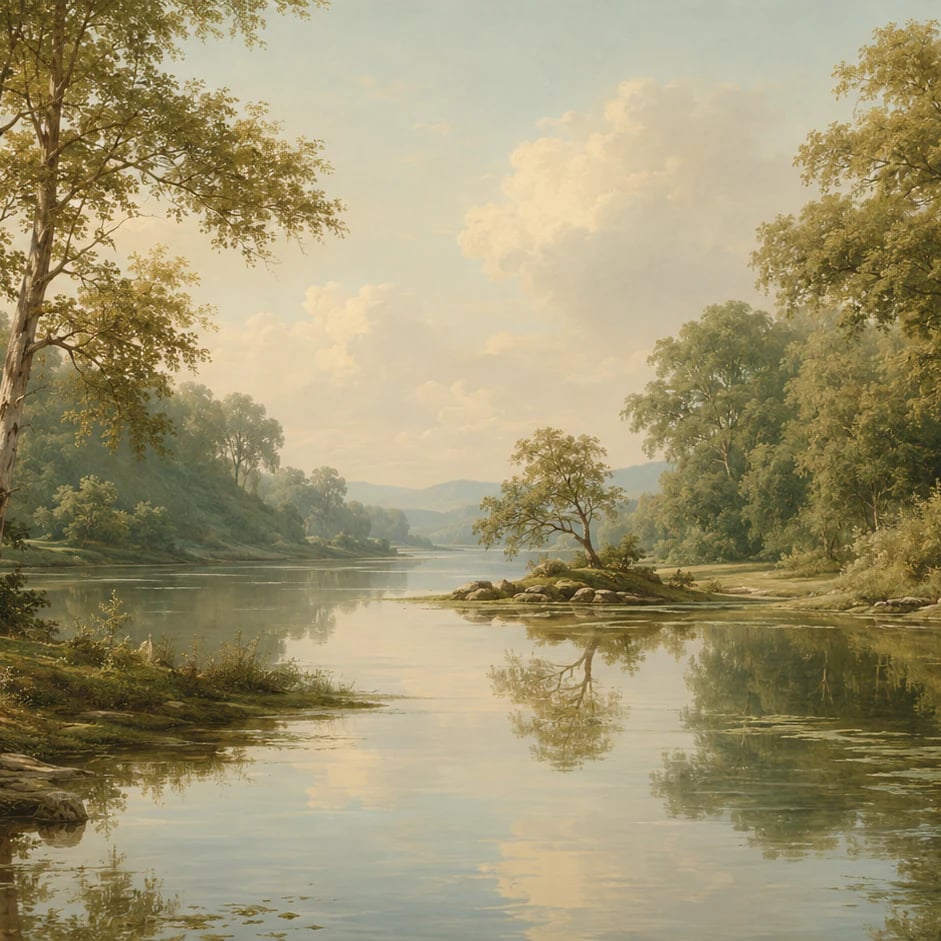 Primer plano del diseño Paisaje fluvial soleado a escala de impresión
