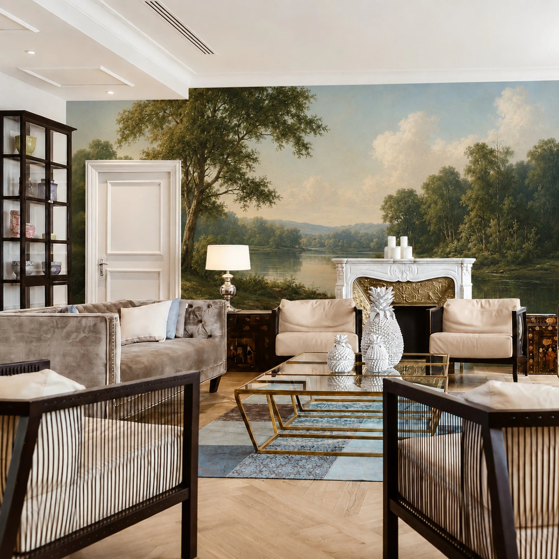 Riverbank Summer Landscape wall mural shown in a styled interior, view 2