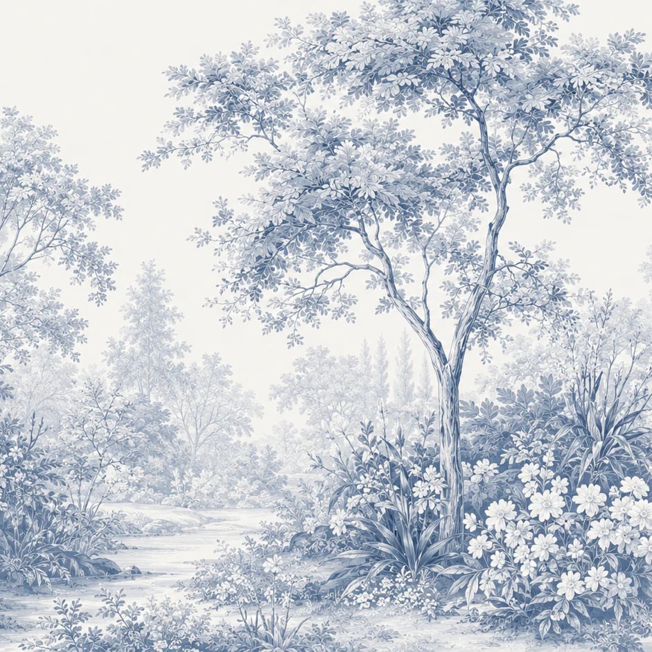 Close-up of the Blue Toile Grove artwork at printed scale