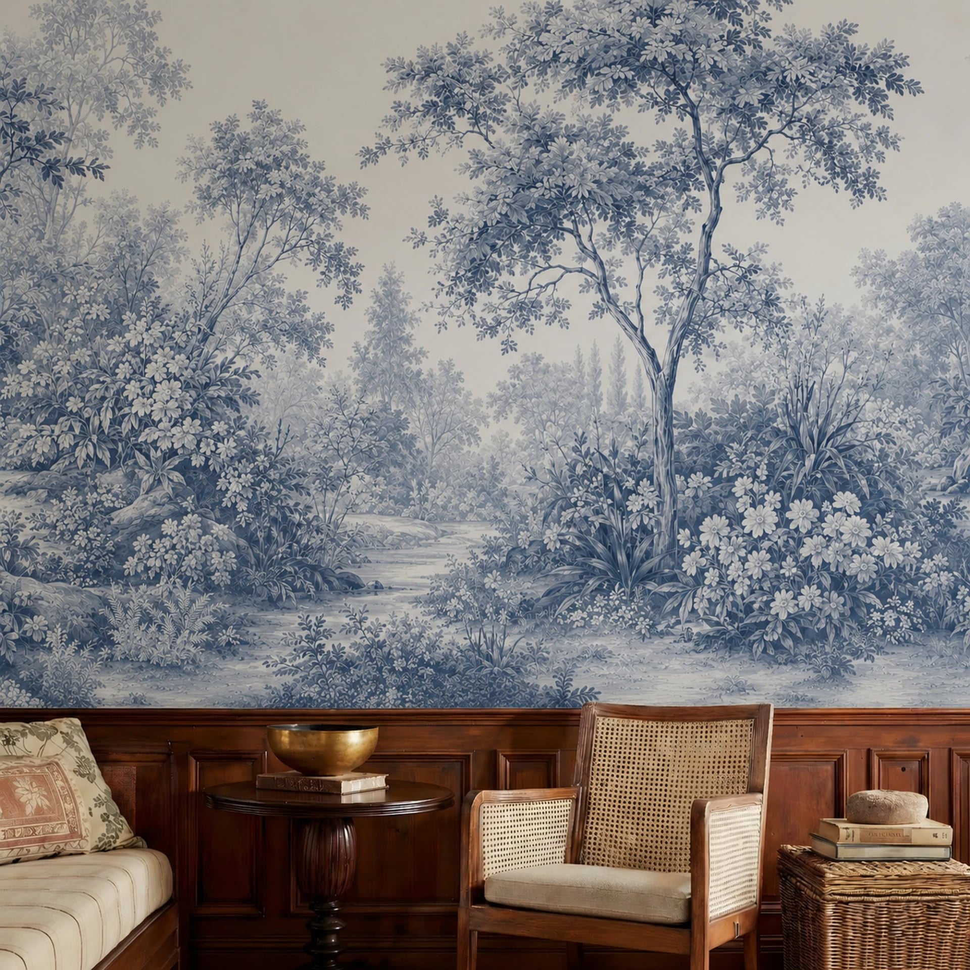 Blue Toile Grove wall mural shown in a styled interior, view 2