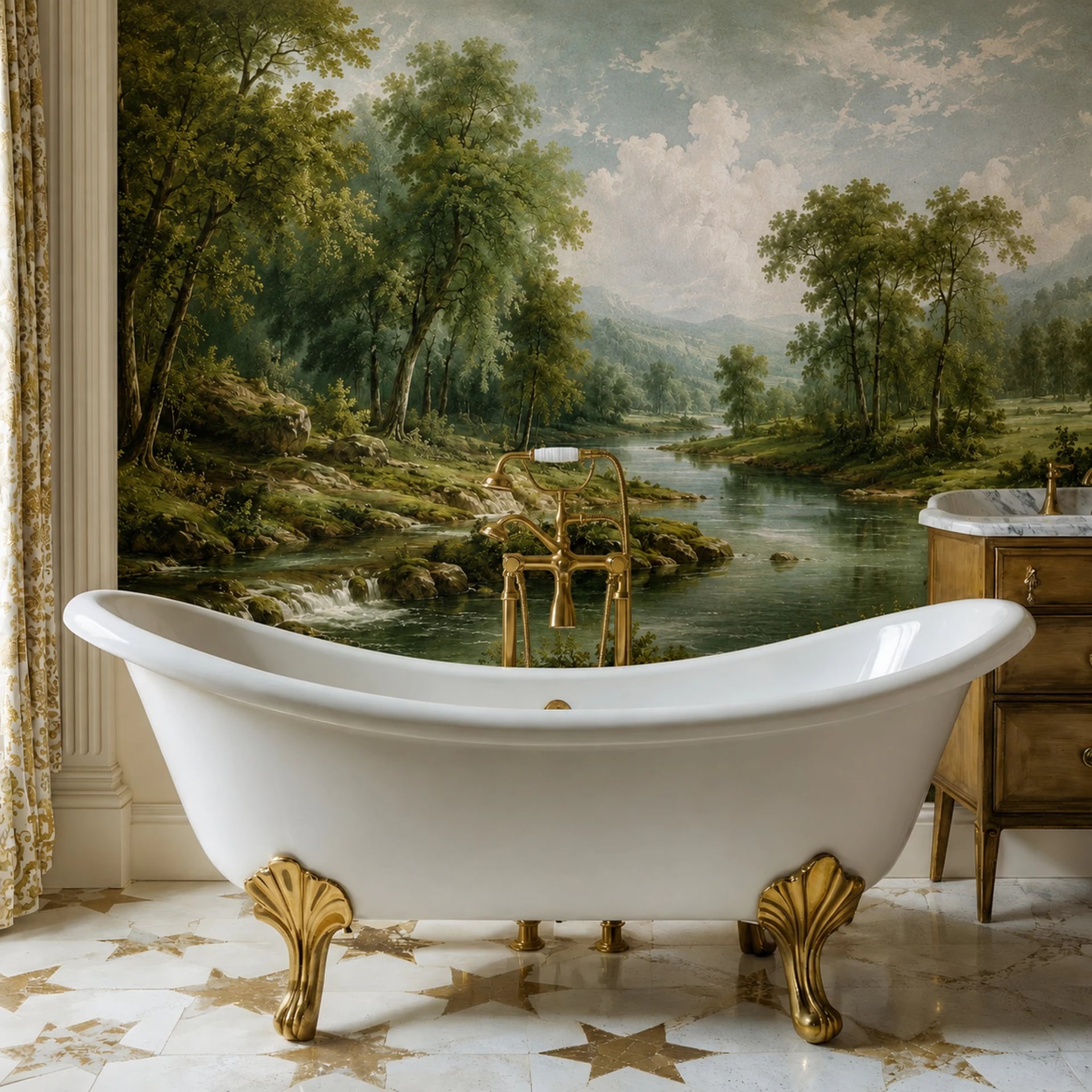 Papier peint panoramique Cascade pastorale sur la rivière présenté dans un intérieur décoré, vue 2