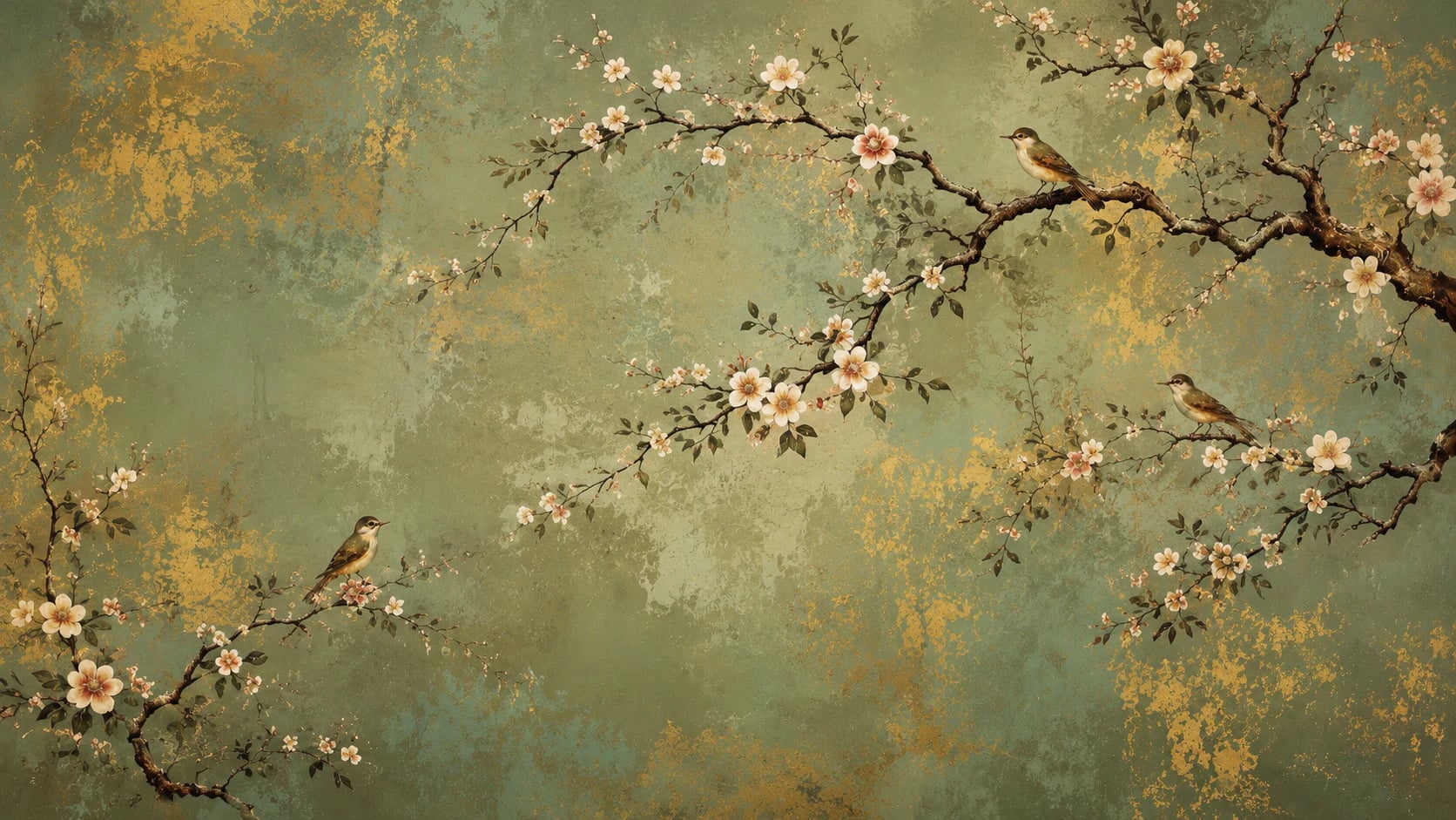 Oiseaux chanteurs dorés et vert sauge