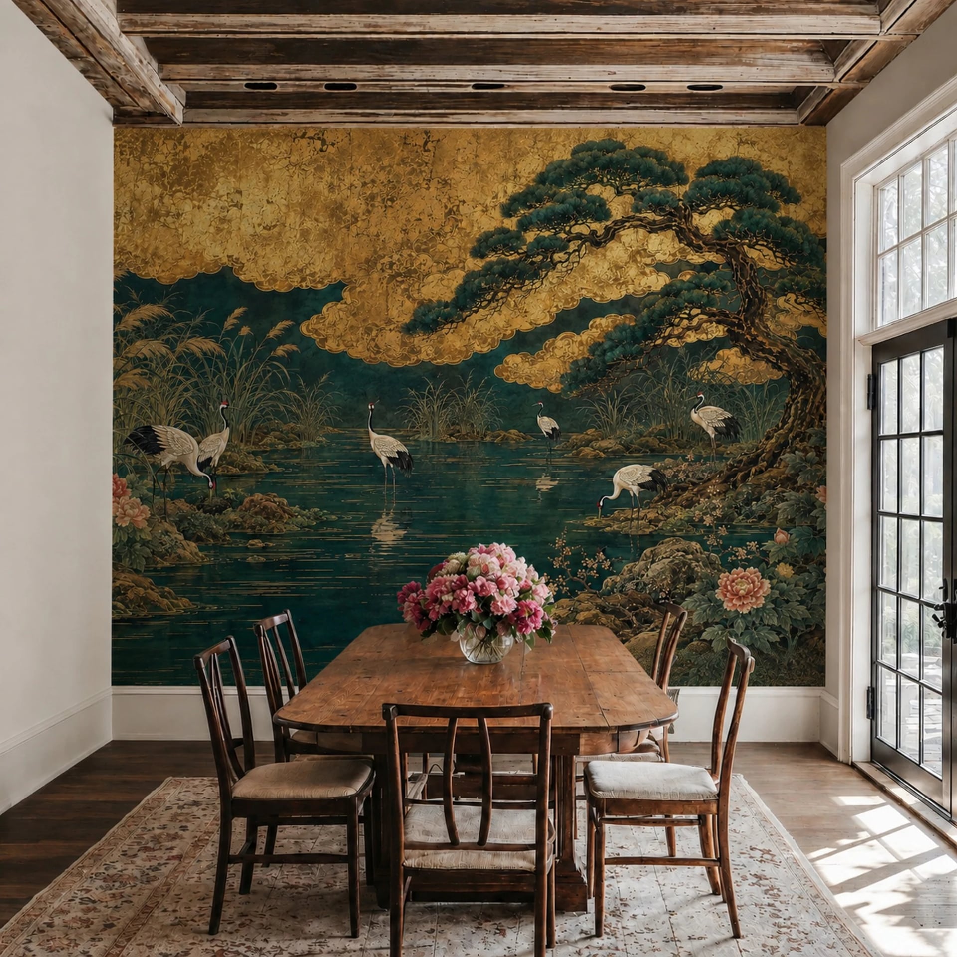 Papier peint panoramique Pin et grues dorées présenté dans un intérieur décoré, vue 2