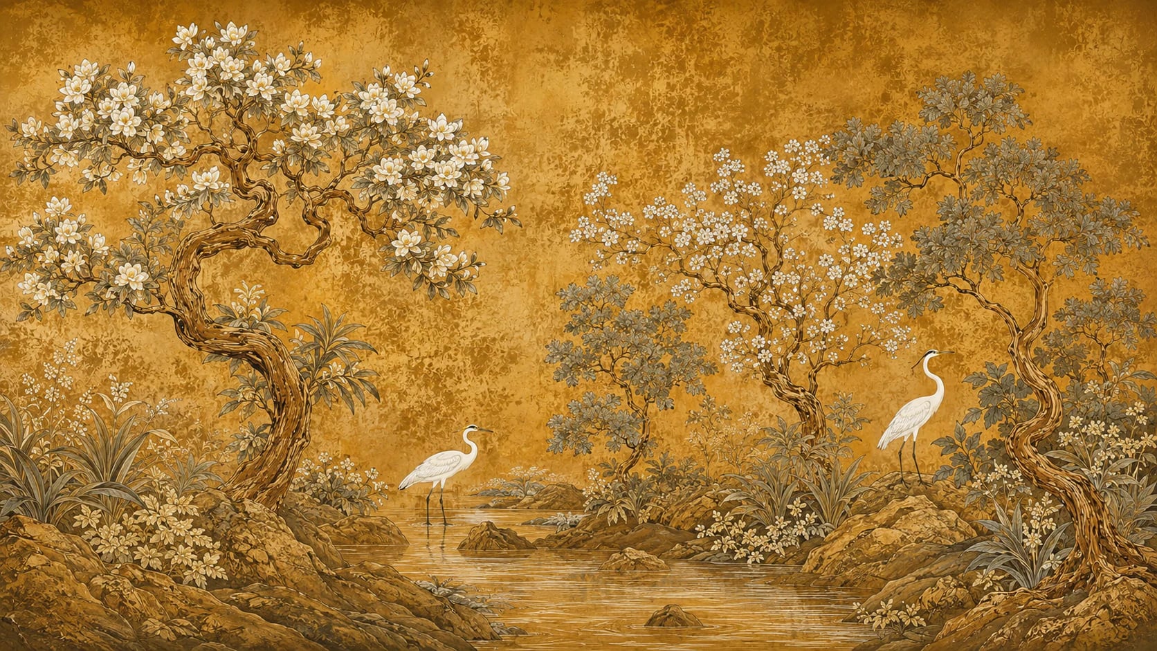 Chinoiserie de garzas doradas
