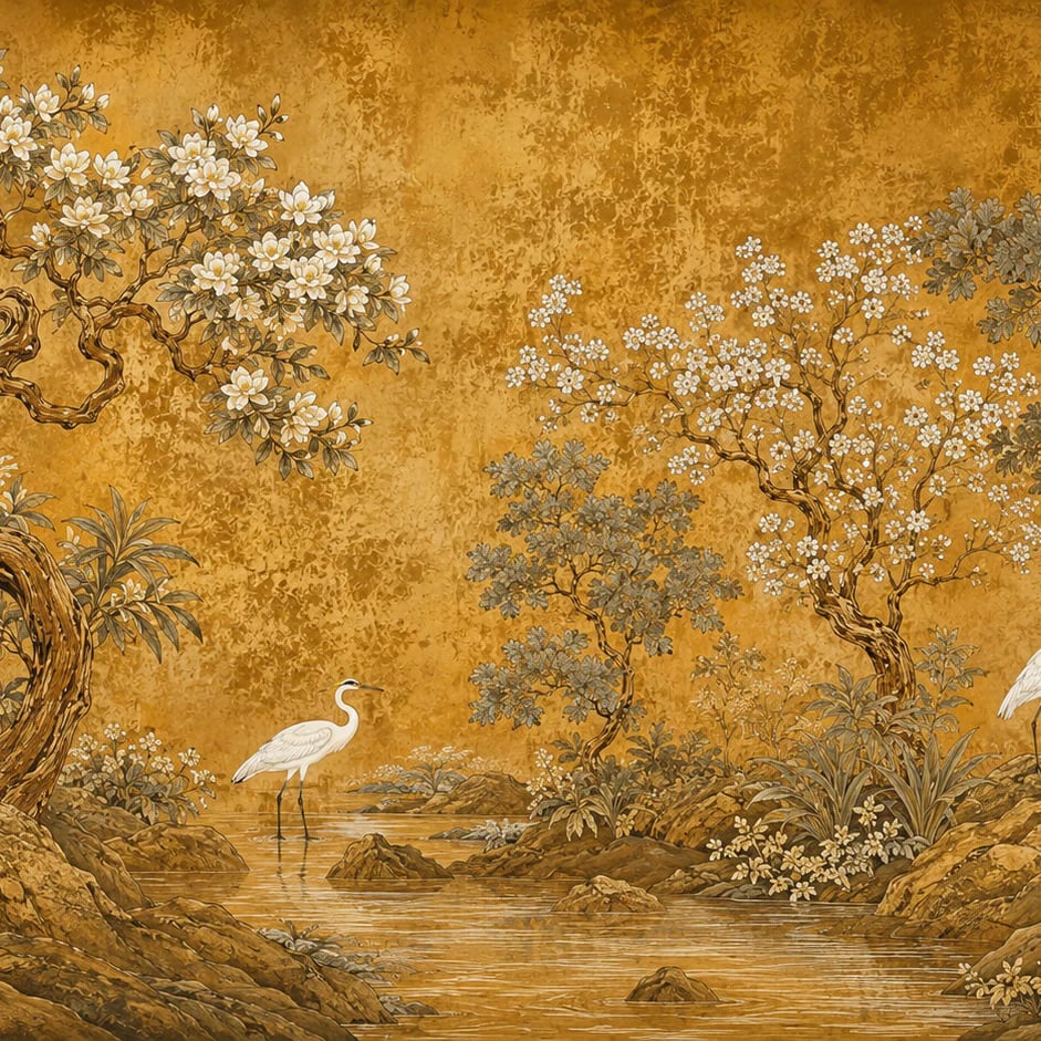 Primer plano del diseño Chinoiserie de garzas doradas a escala de impresión