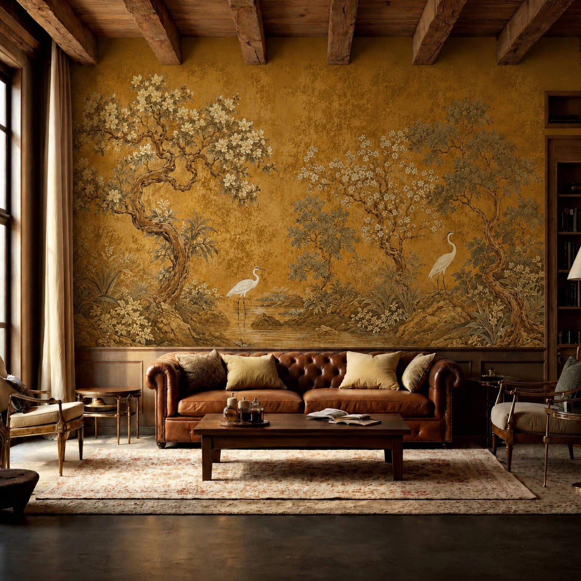 Fotomural Chinoiserie de garzas doradas en un interior decorado, vista 2