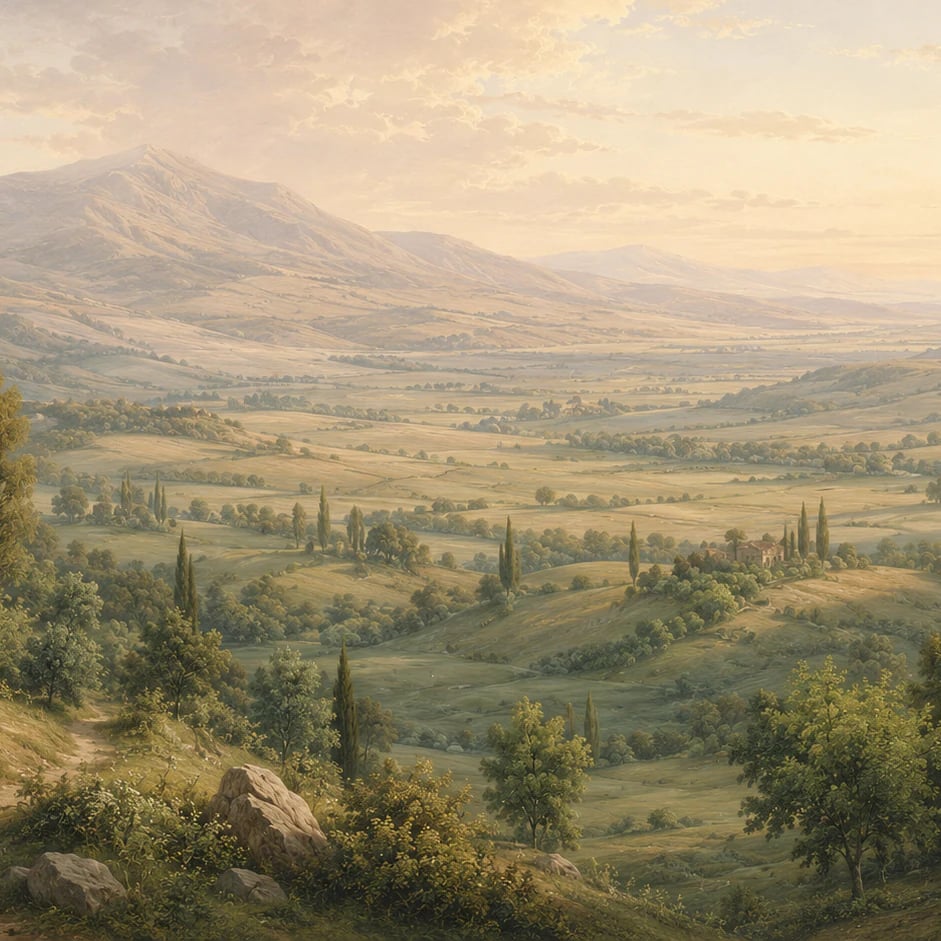 Gros plan sur le motif Vallée toscane aux cyprès à l'échelle d'impression