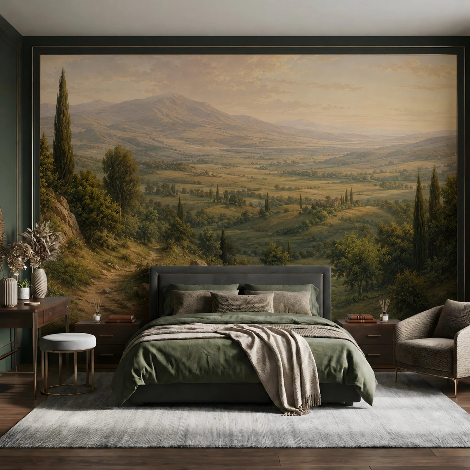 Papier peint panoramique Vallée toscane aux cyprès présenté dans un intérieur décoré, vue 2