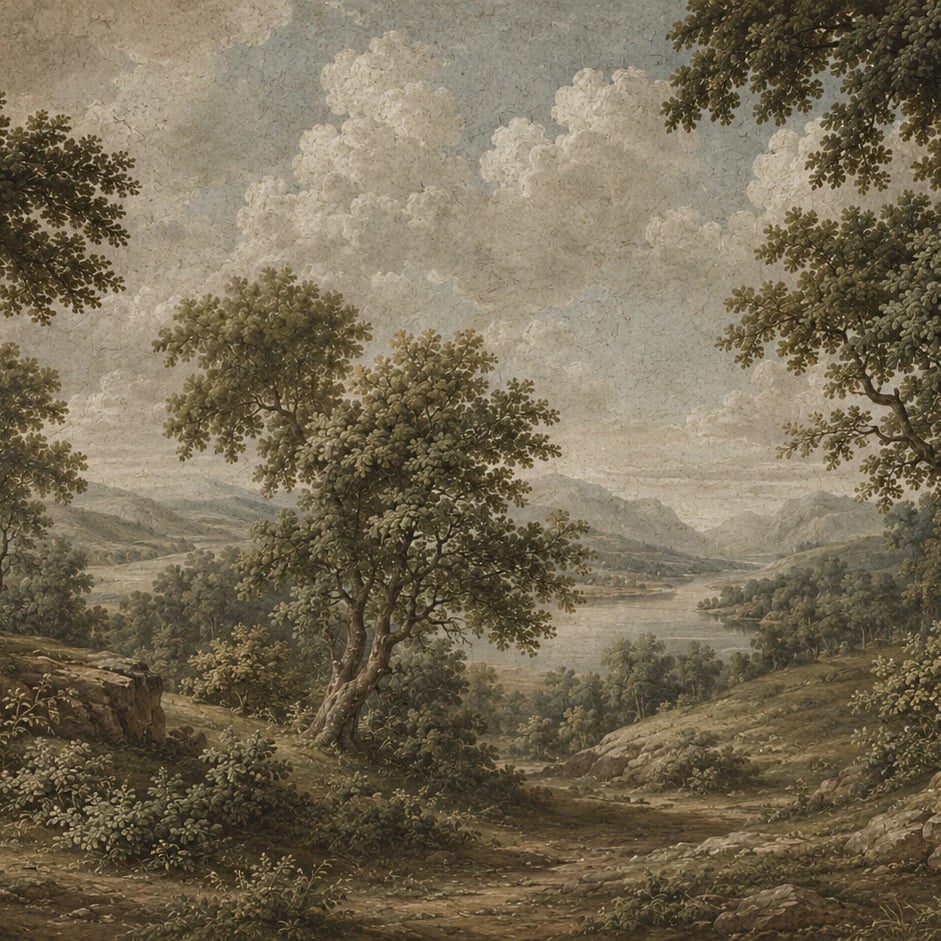 Nahaufnahme des Kunstwerks Idyllisches Flusstal im Druckmaßstab