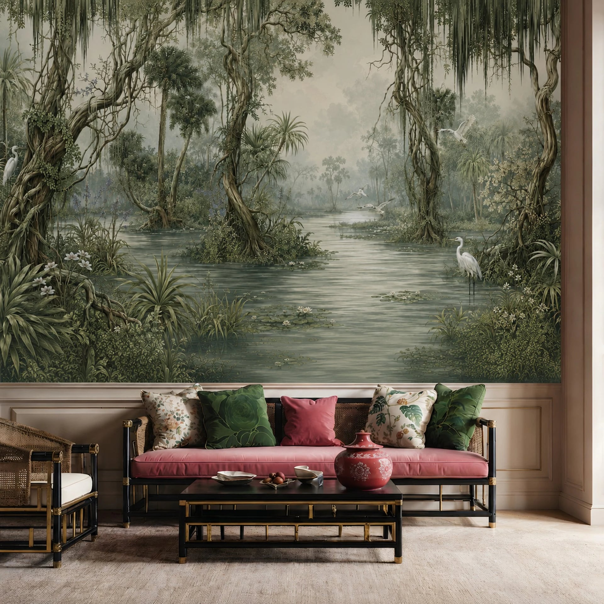 Cypress Bayou Egrets wall mural shown in a styled interior, view 2
