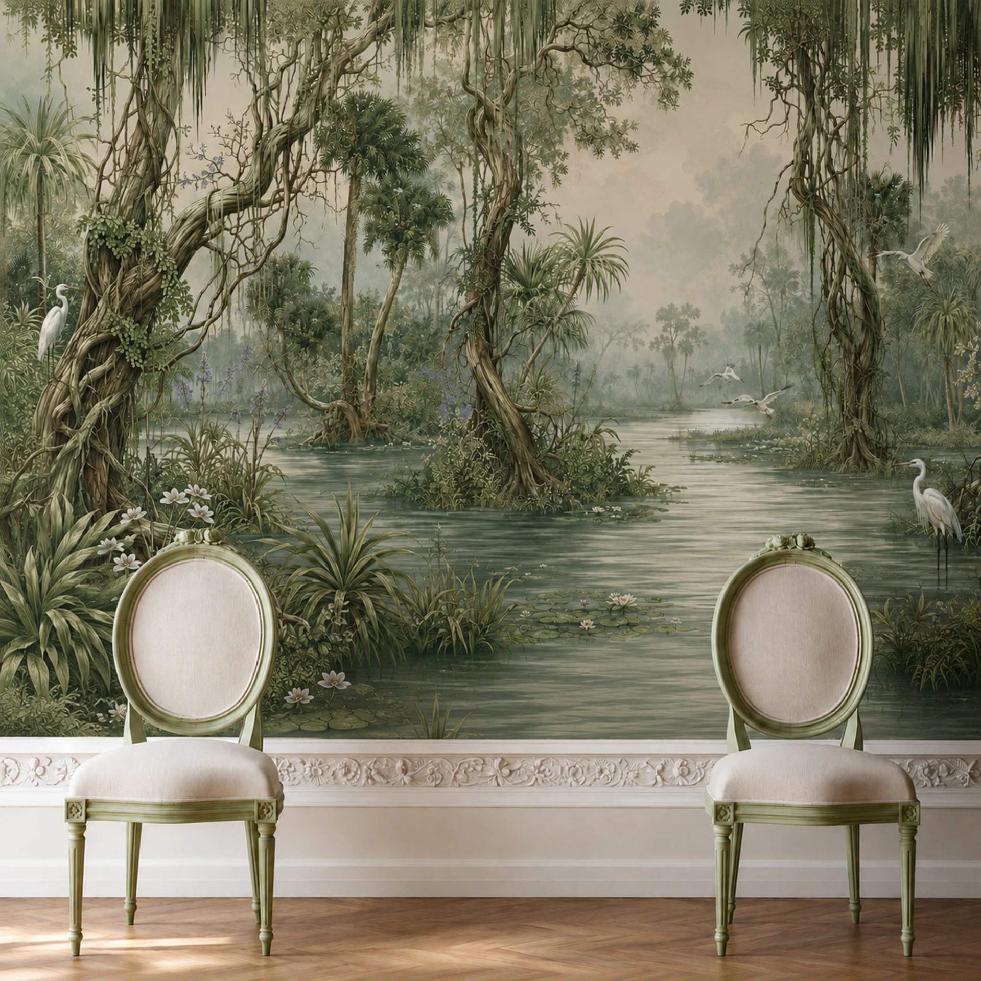 Cypress Bayou Egrets wall mural shown in a styled interior, view 1