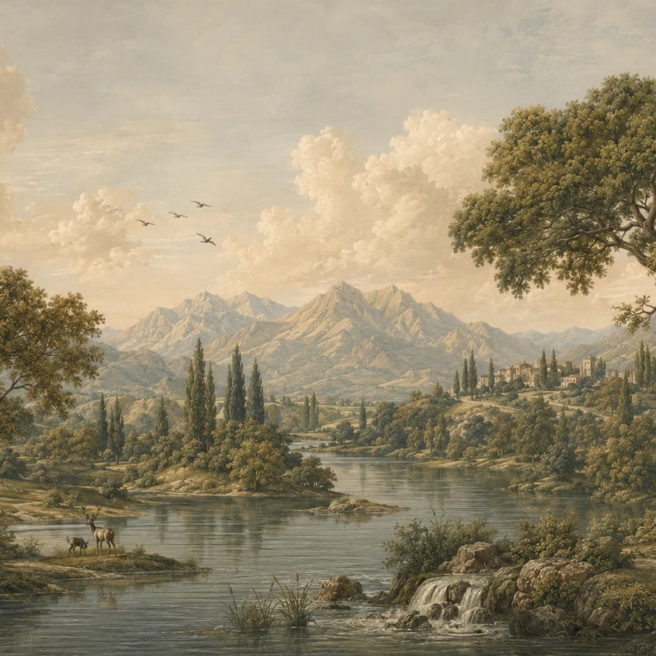 Nahaufnahme des Kunstwerks Idyllisches Flusstal im Druckmaßstab