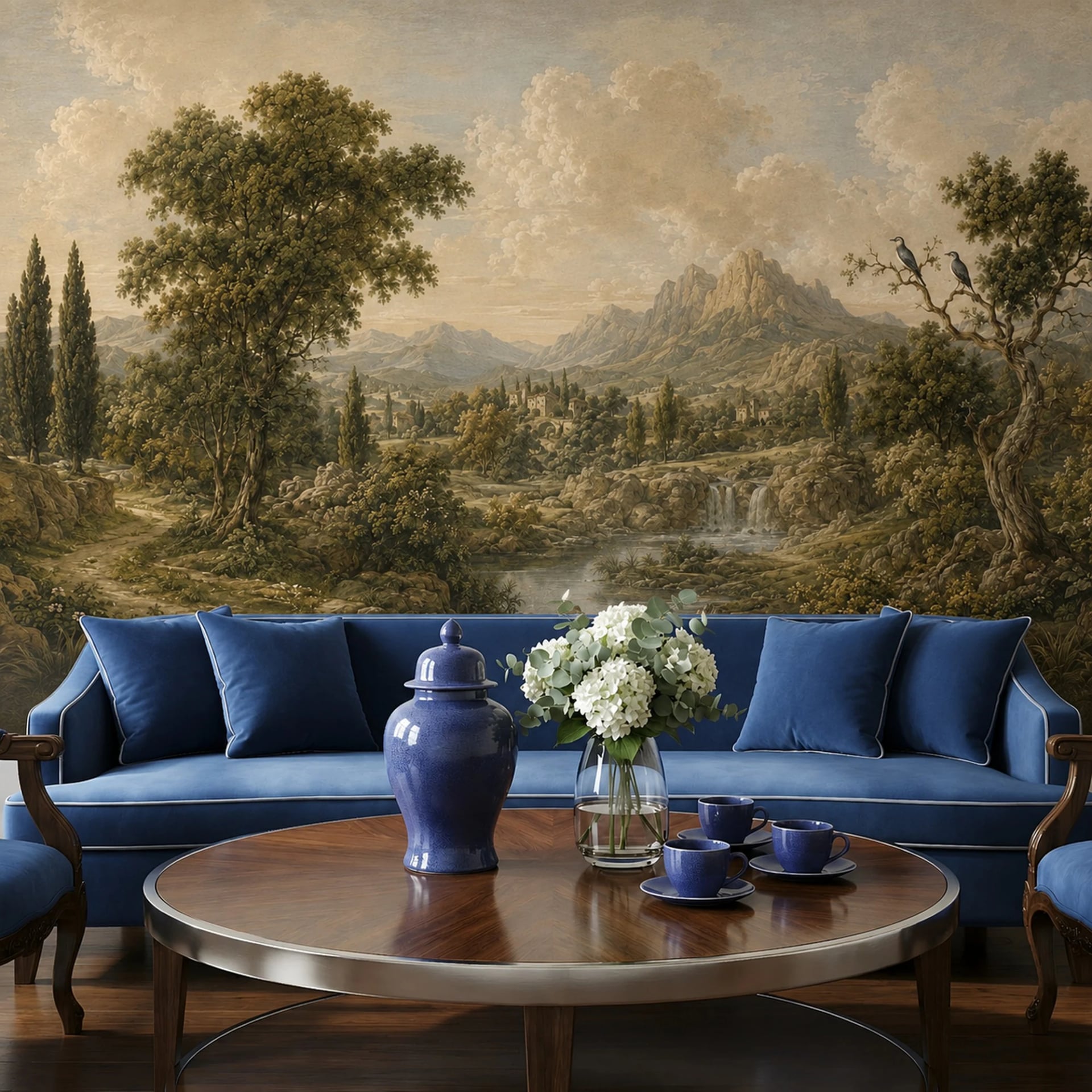 Papier peint panoramique Vallée fluviale en cascade présenté dans un intérieur décoré, vue 1