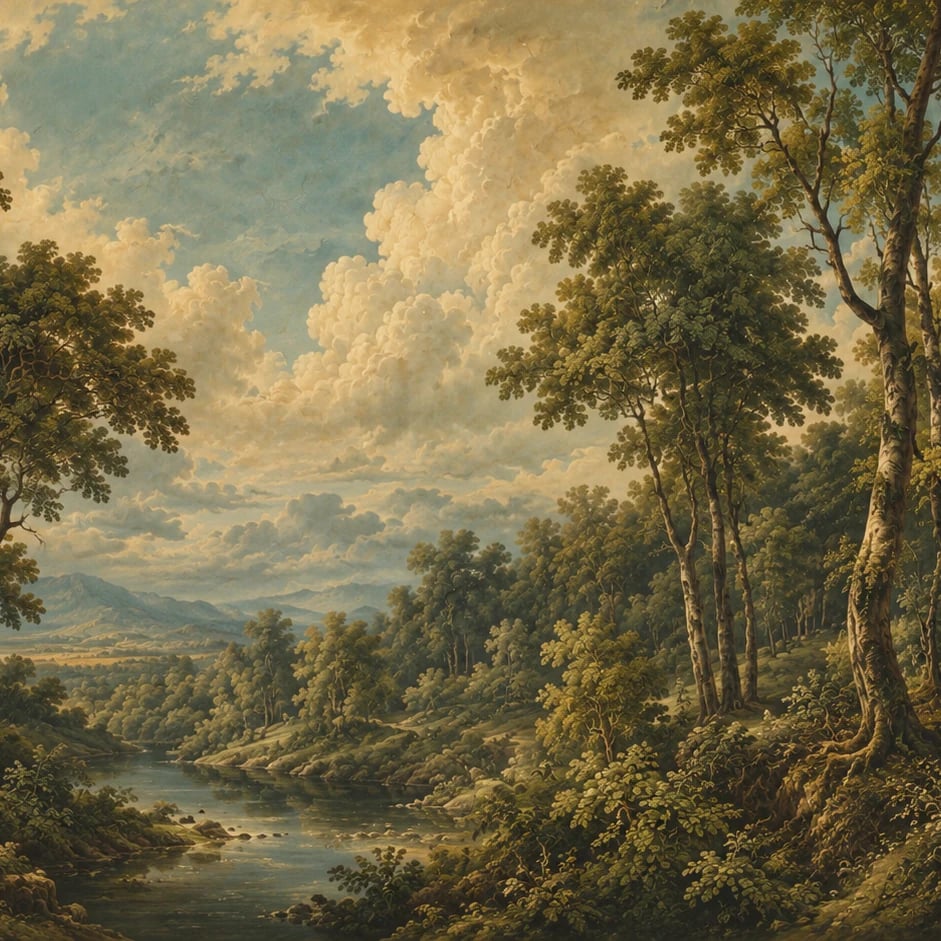 Nahaufnahme des Kunstwerks Fluss- und Waldpanorama im Druckmaßstab