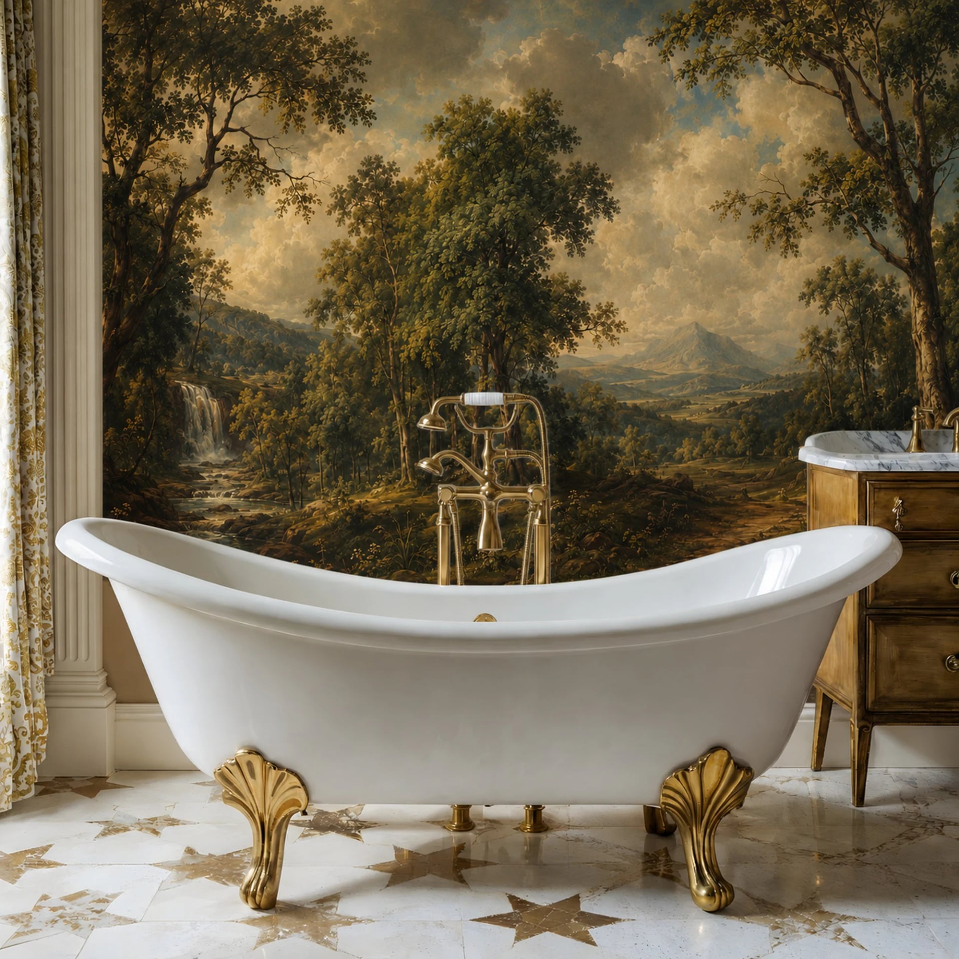 Highland Waterfall Glen wall mural shown in a styled interior, view 2