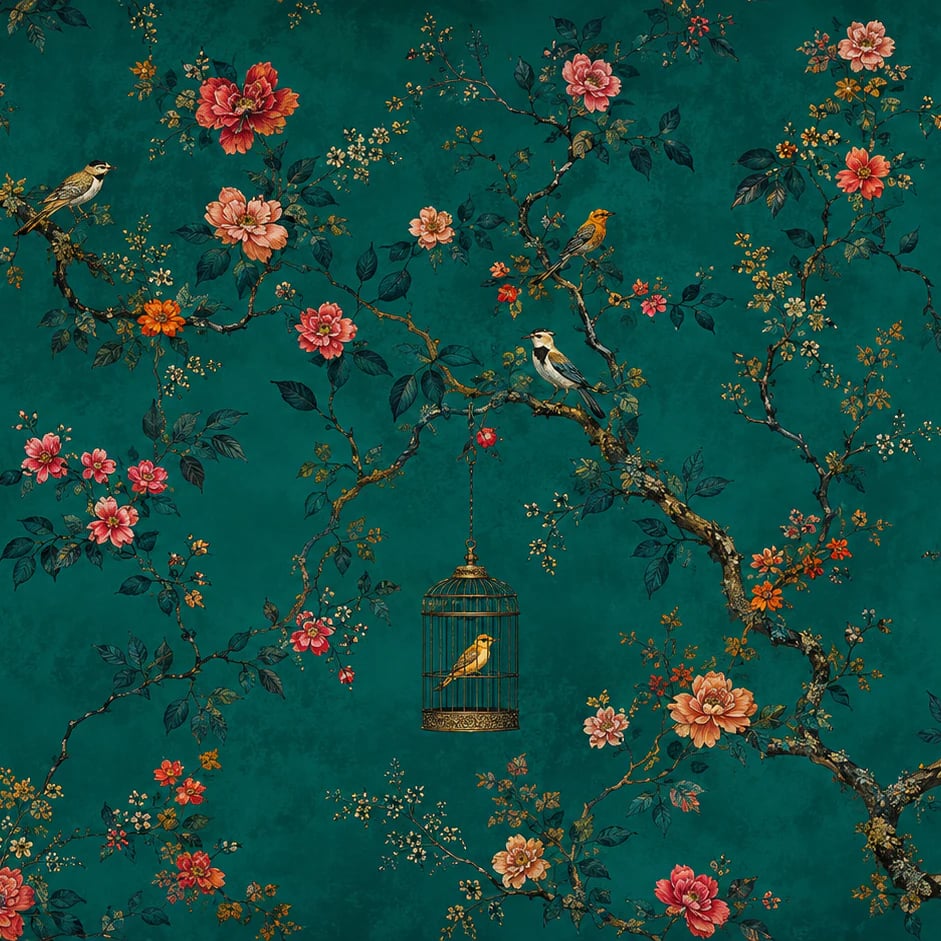 Primer plano del diseño Pajarera chinoiserie verde azulada a escala de impresión