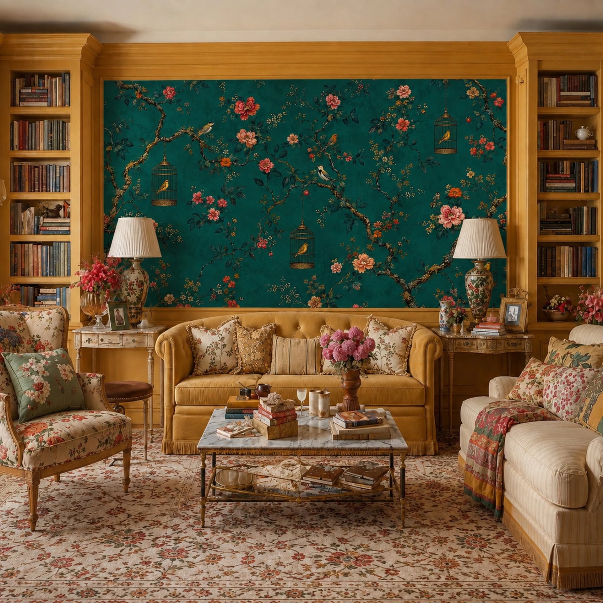 Fotomural Pajarera chinoiserie verde azulada en un interior decorado, vista 2