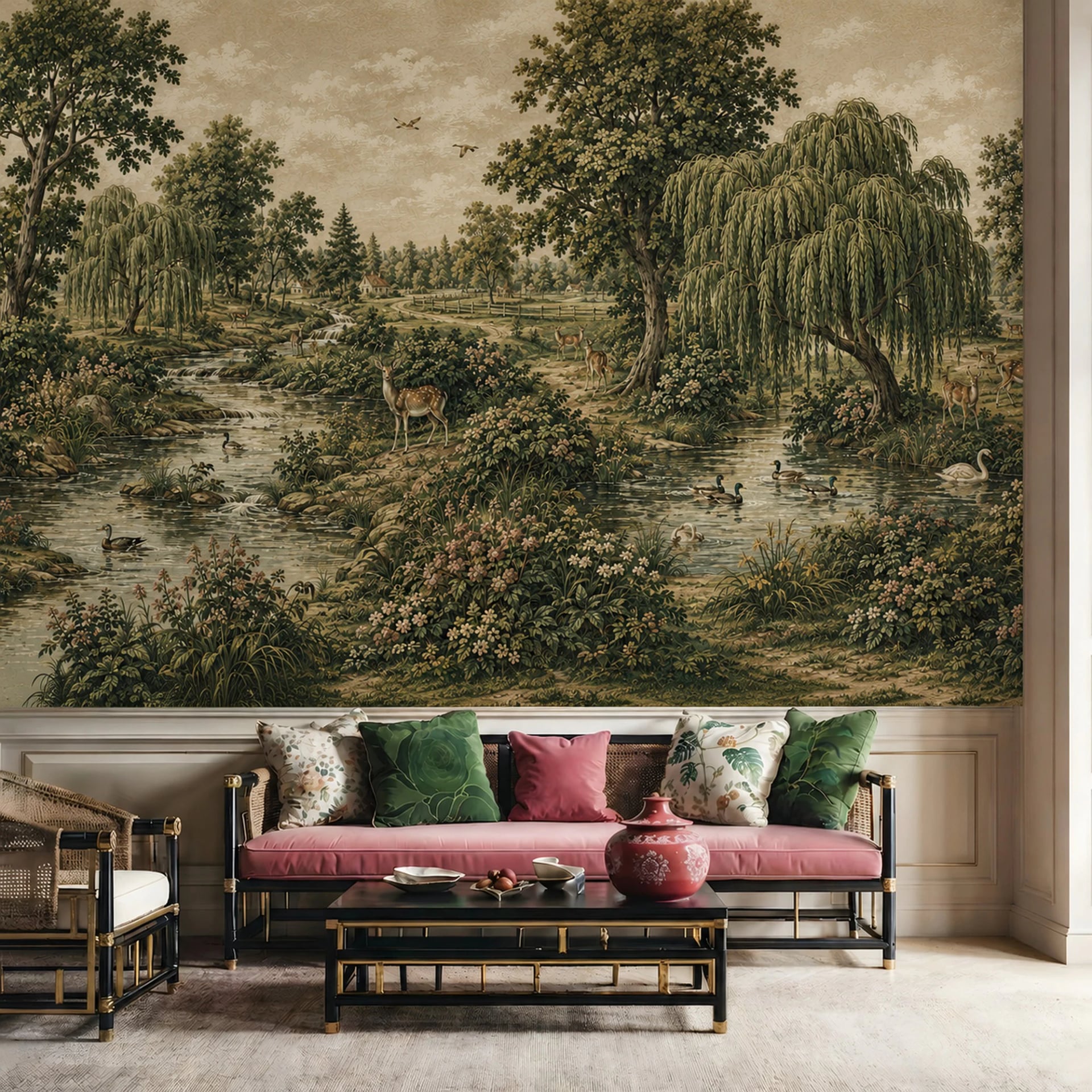 Pastoral Willow Brook wall mural shown in a styled interior, view 2
