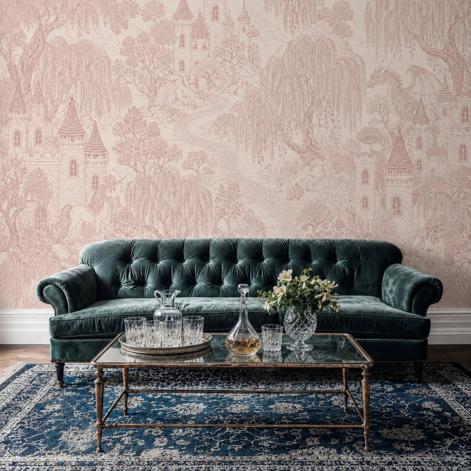 Enchanted Willow Castle wall mural shown in a styled interior, view 2