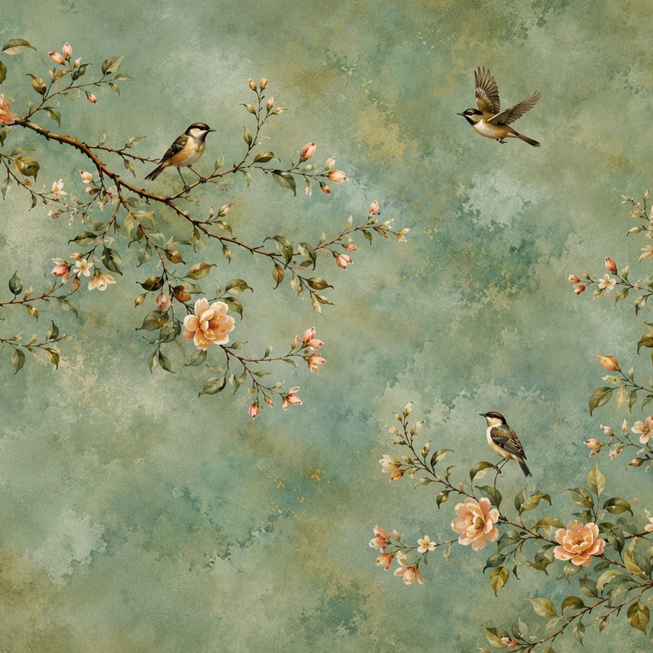 Primer plano del diseño Pájaro cantor y flores verdes a escala de impresión