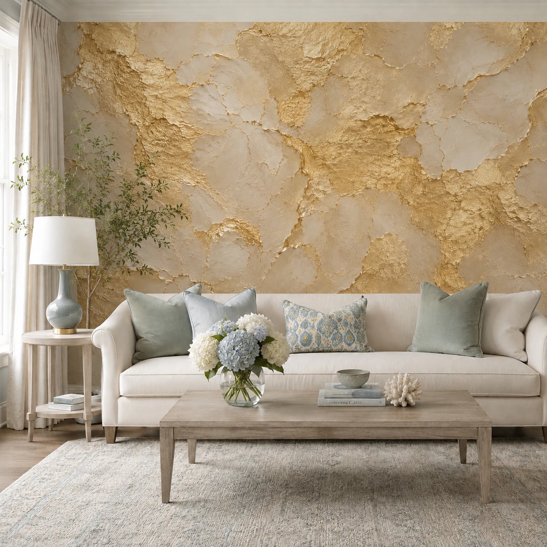 Papier peint panoramique Feuille d'or craquelée présenté dans un intérieur décoré, vue 2