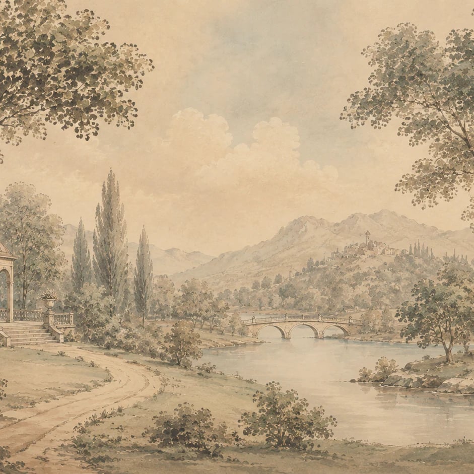 Nahaufnahme des Kunstwerks Flusslandschaft mit Pavillon im Druckmaßstab