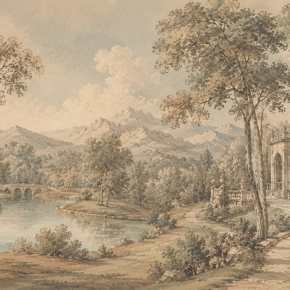 Gros plan sur le motif Pavillon classique au bord du lac à l'échelle d'impression