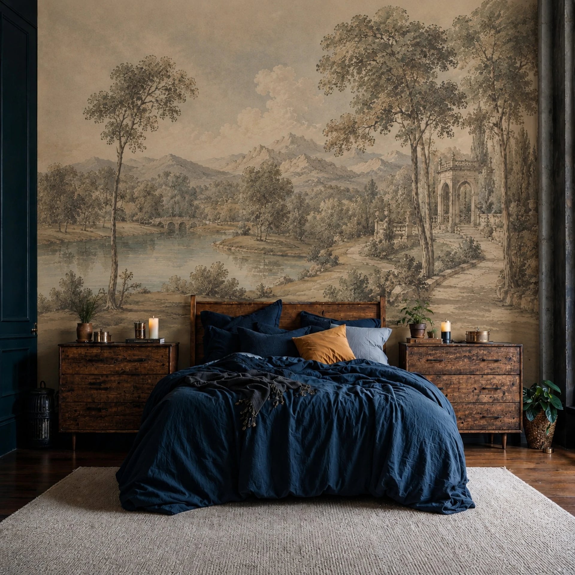 Papier peint panoramique Pavillon classique au bord du lac présenté dans un intérieur décoré, vue 2
