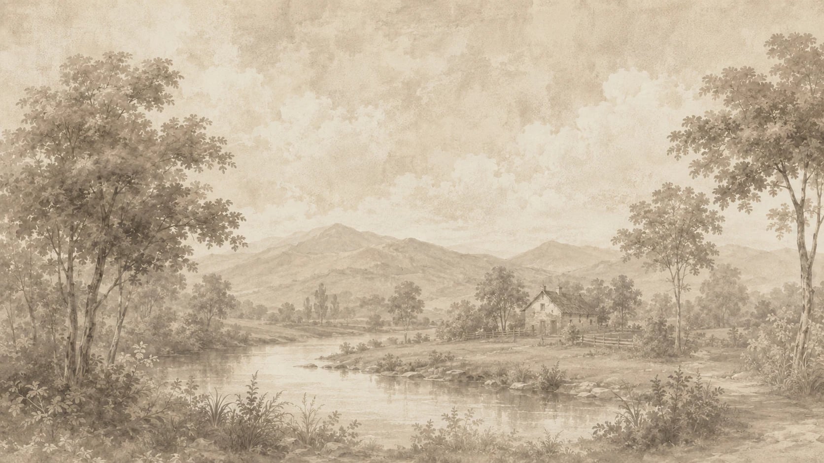 Chaumière sépia au bord de l'eau