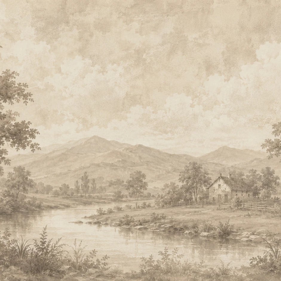 Close-up of the Sepia River Cottage artwork at printed scale