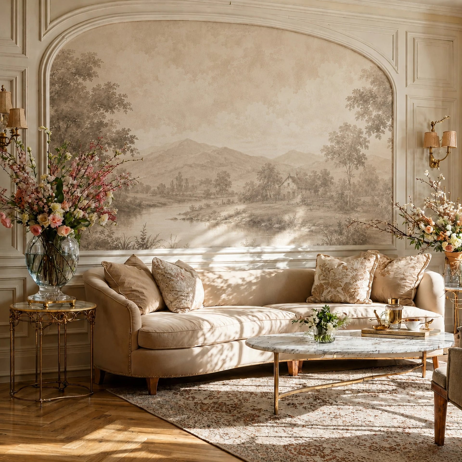 Sepia River Cottage wall mural shown in a styled interior, view 2