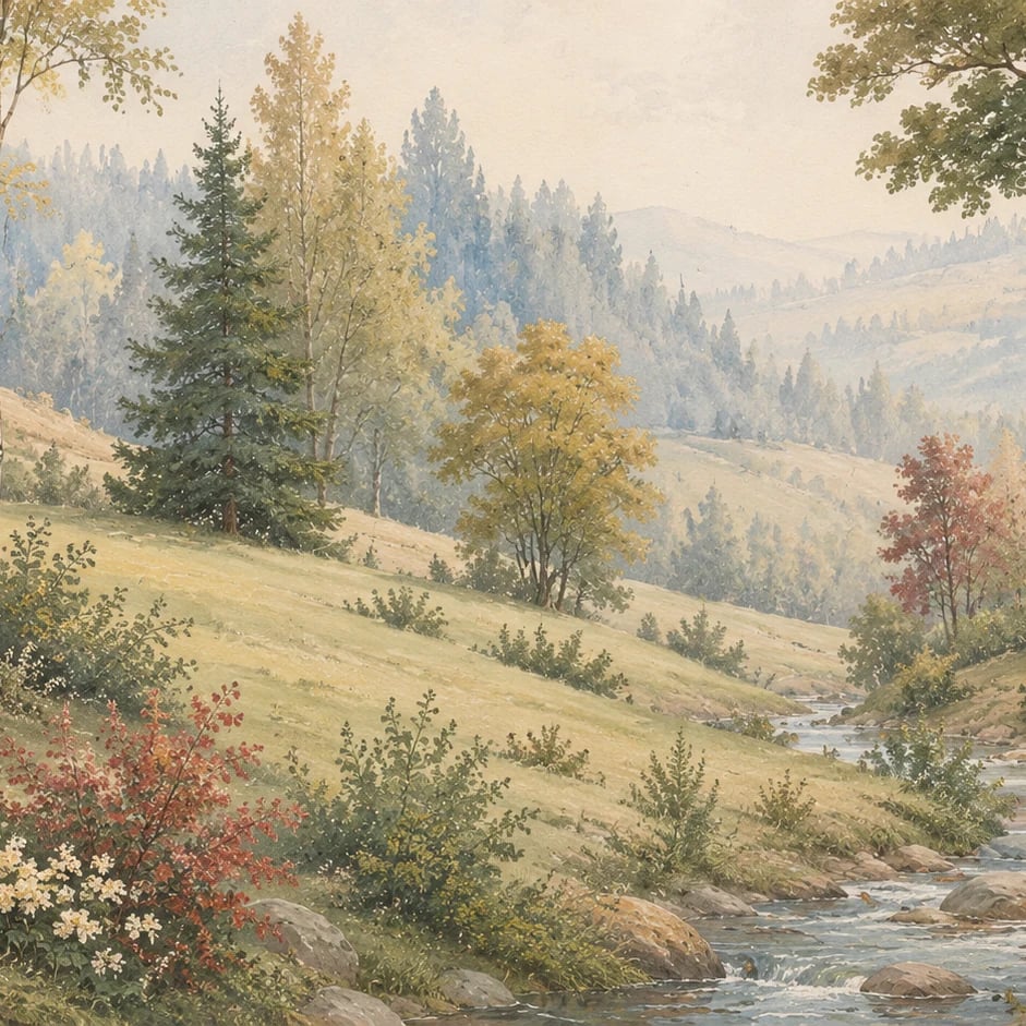 Primer plano del diseño Paisaje con prado y arroyo a escala de impresión