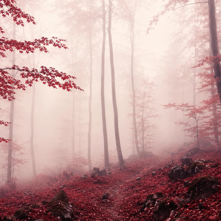 Close-up of the Crimson Misty Forest artwork at printed scale