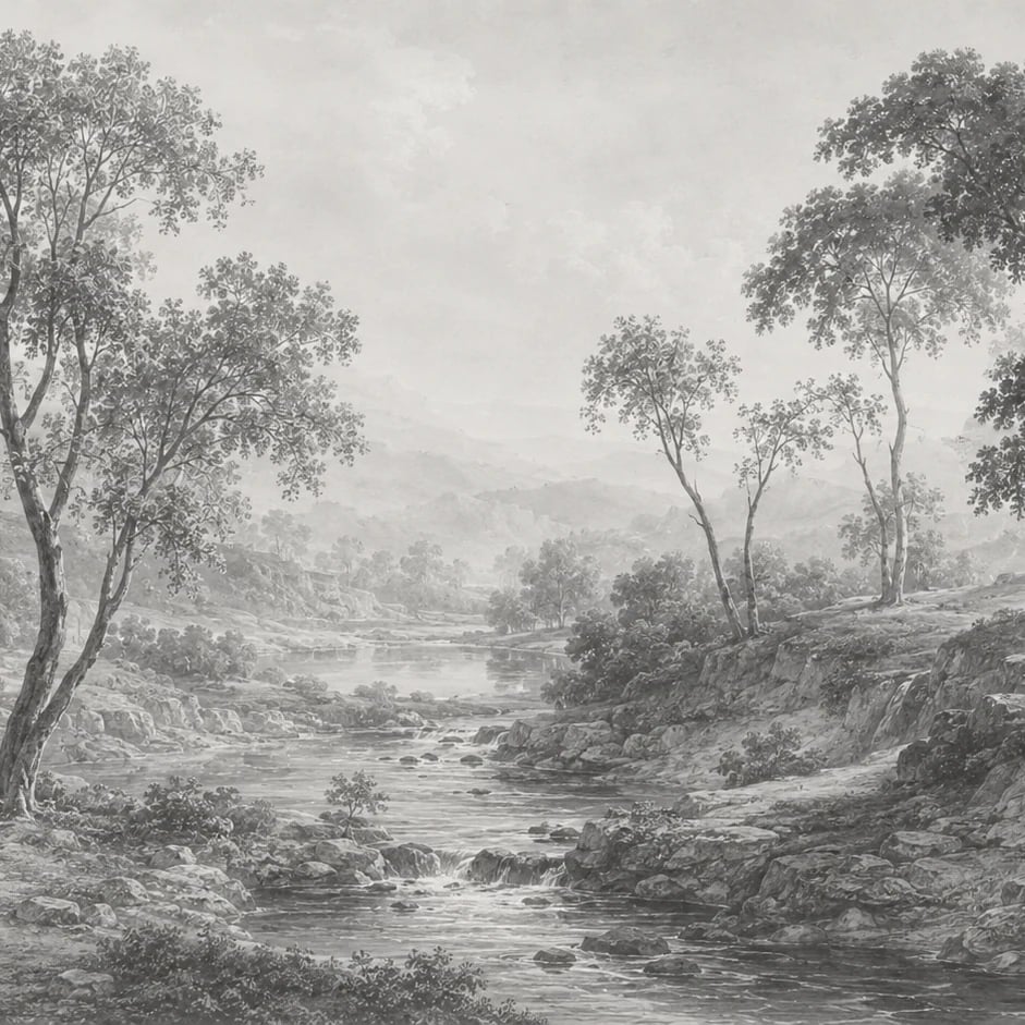 Nahaufnahme des Kunstwerks Flusstal in Grisaille im Druckmaßstab