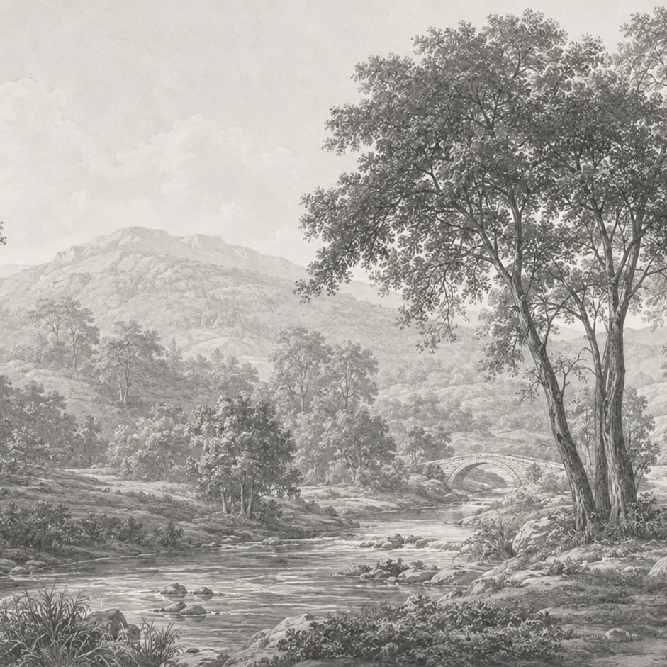 Gros plan sur le motif Vallée au pont de pierre à l'échelle d'impression