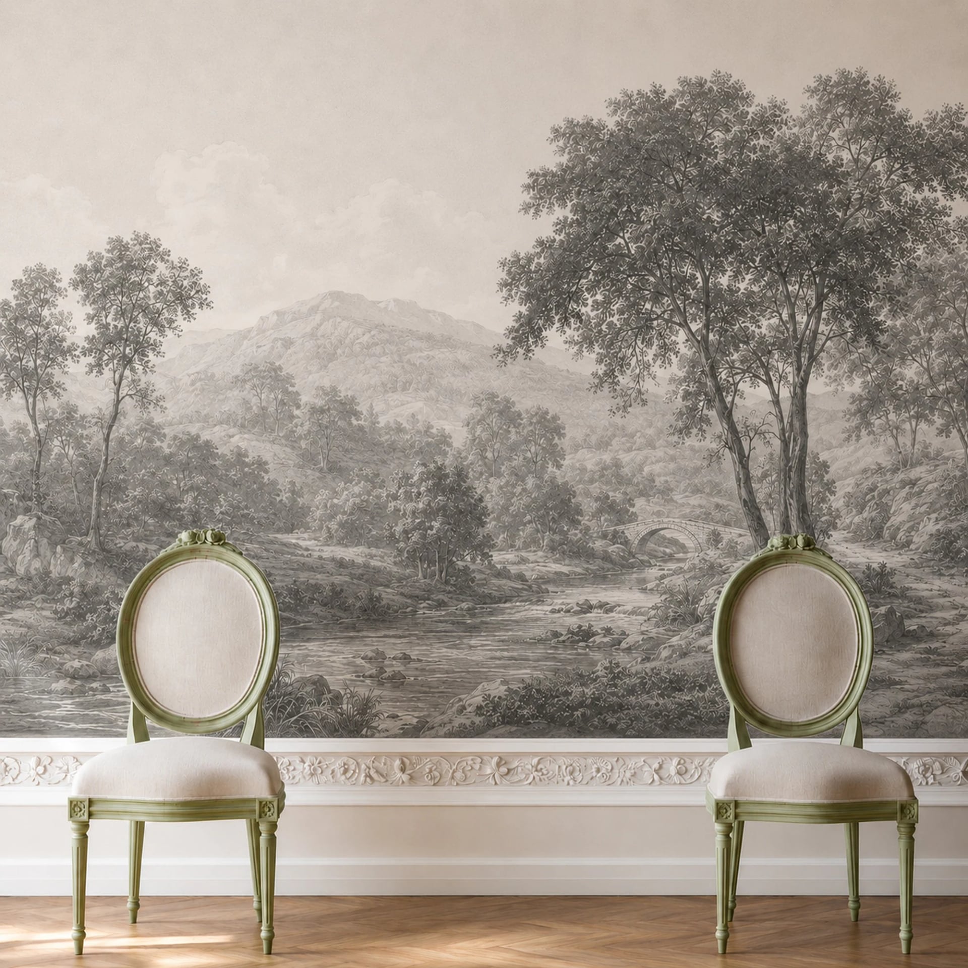 Papier peint panoramique Vallée au pont de pierre présenté dans un intérieur décoré, vue 2
