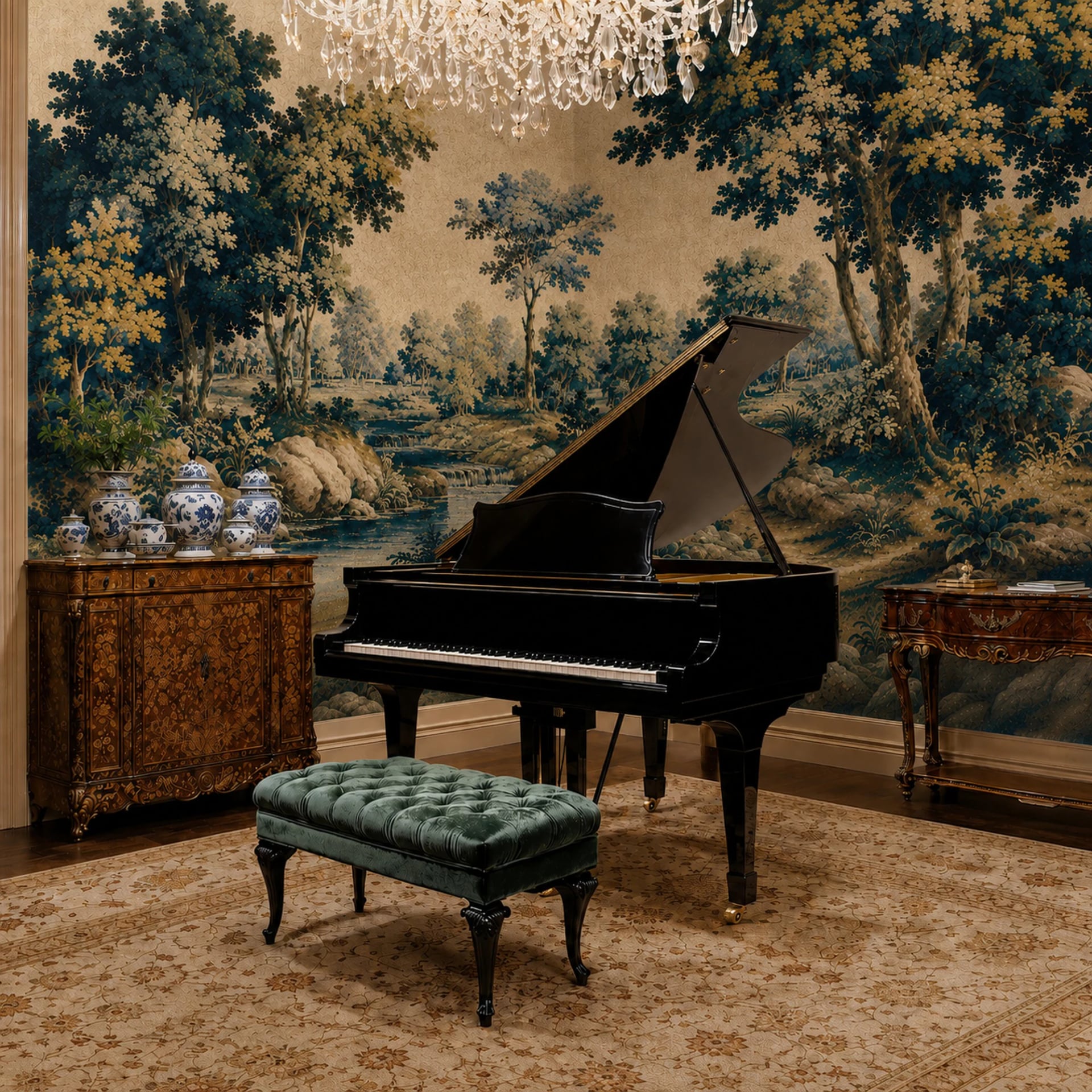 Verdure Forest Brook wall mural shown in a styled interior, view 2