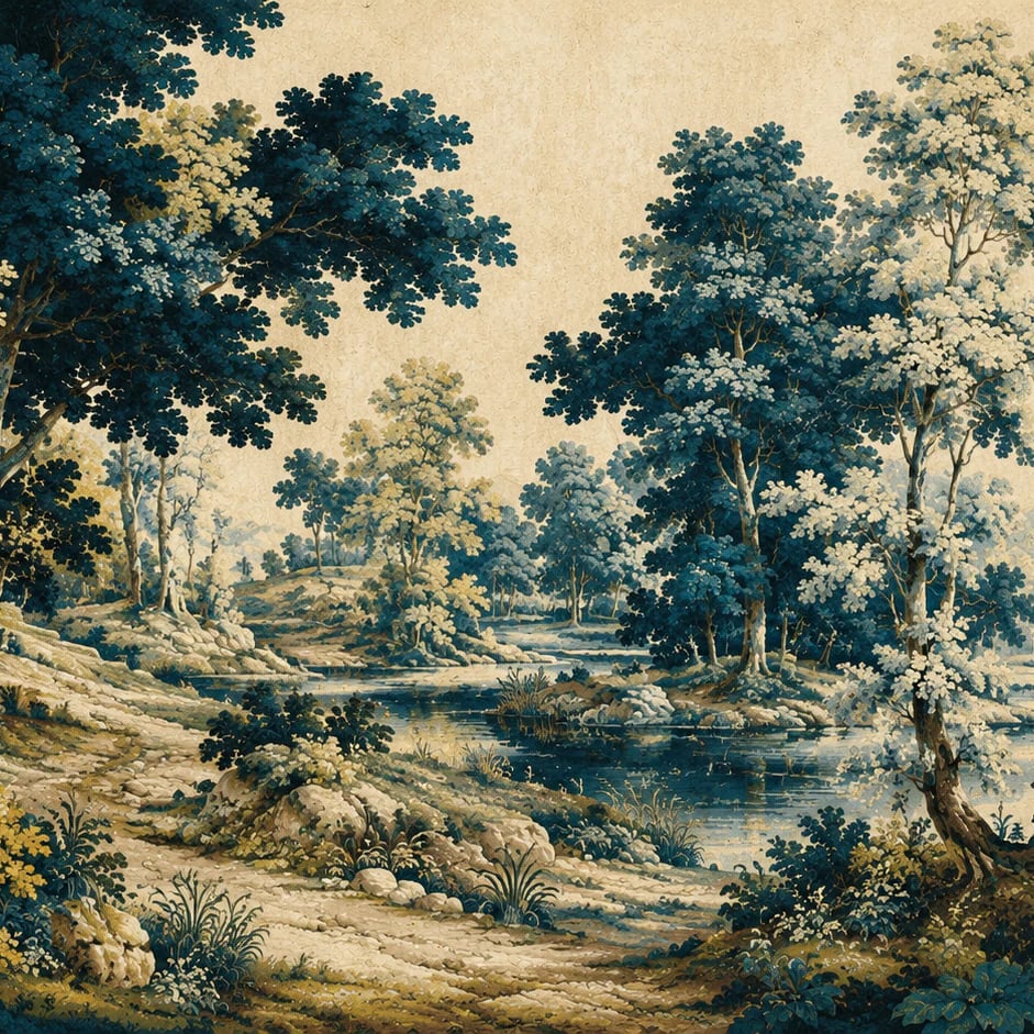 Nahaufnahme des Kunstwerks Fluss-Verdure-Tapisserie im Druckmaßstab