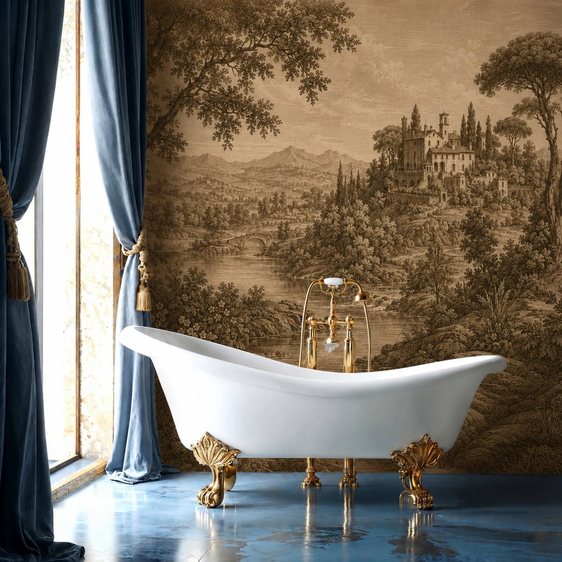 Fotomural Grabado de villa toscana en un interior decorado, vista 2