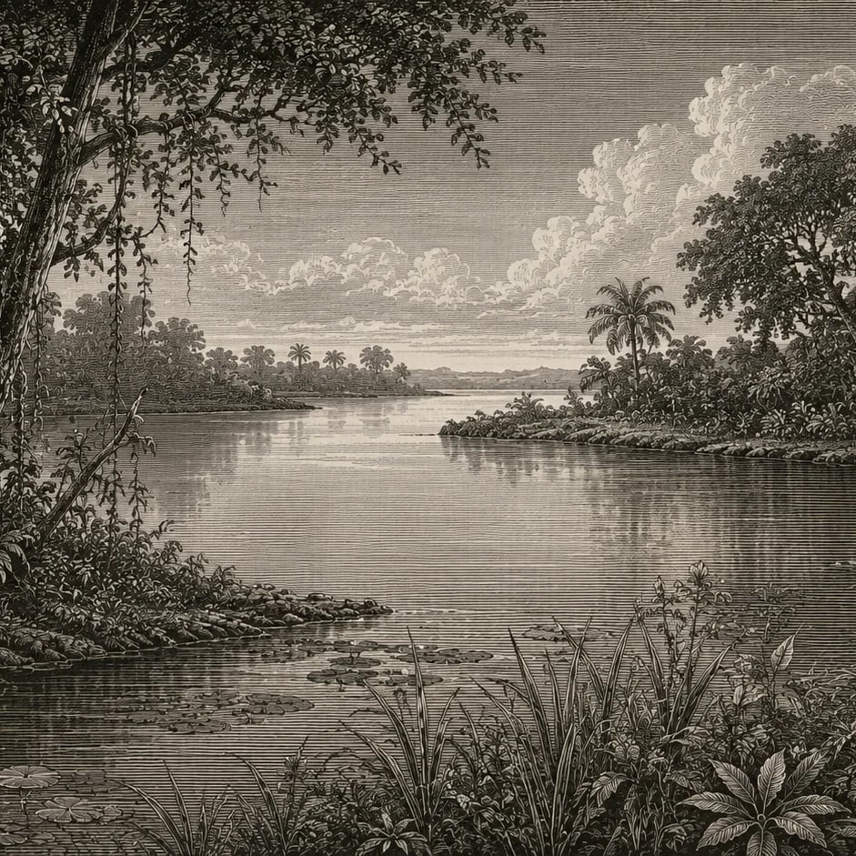Close-up of the Tropical Riverbank Etching artwork at printed scale