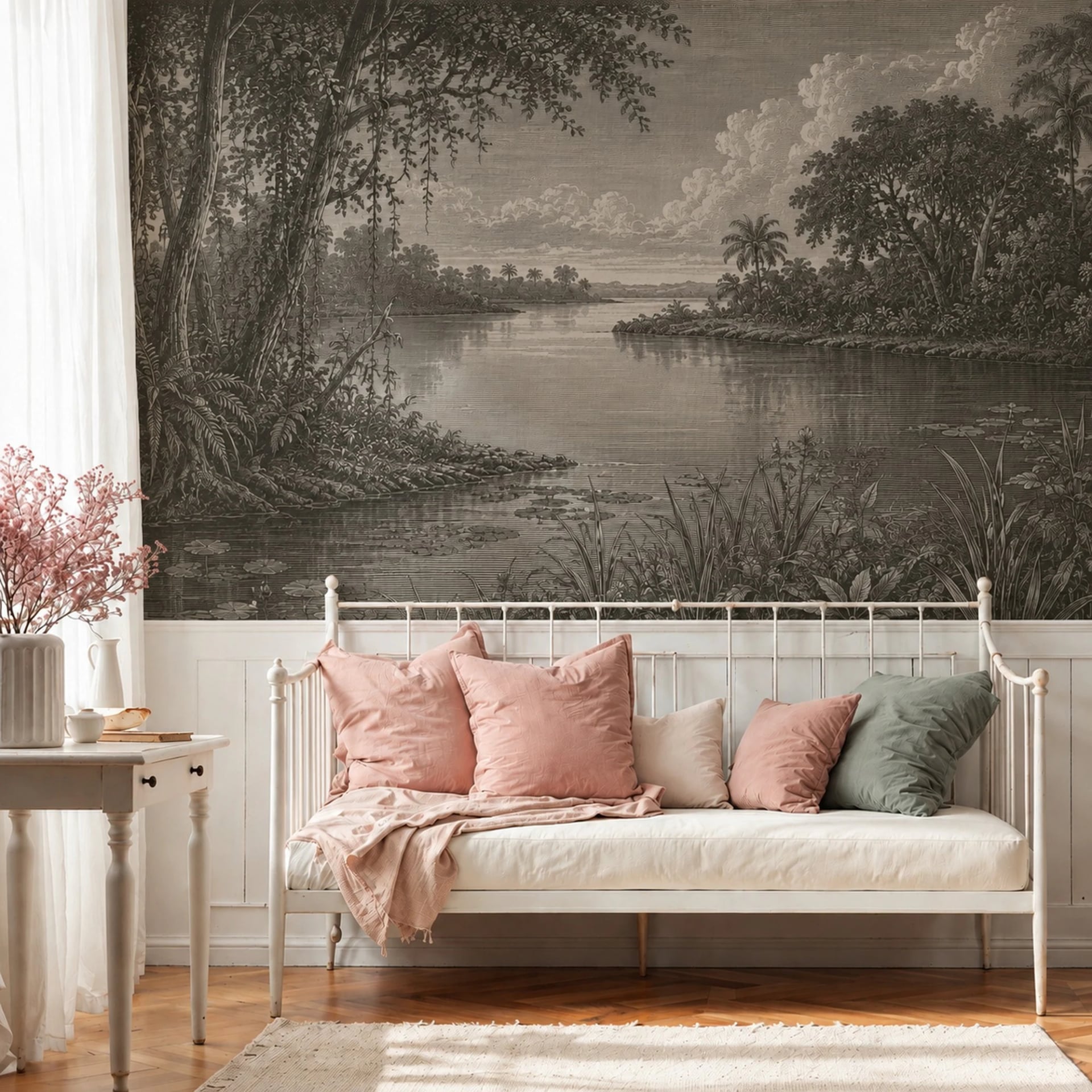 Tropical Riverbank Etching wall mural shown in a styled interior, view 2