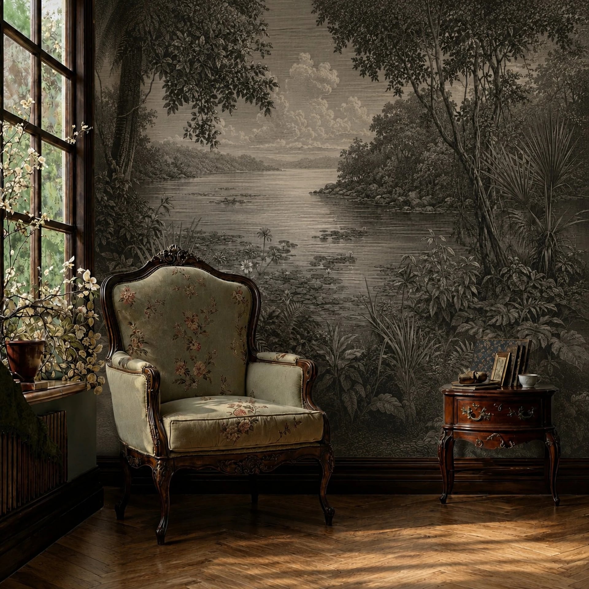 Engraved River Lagoon wall mural shown in a styled interior, view 2