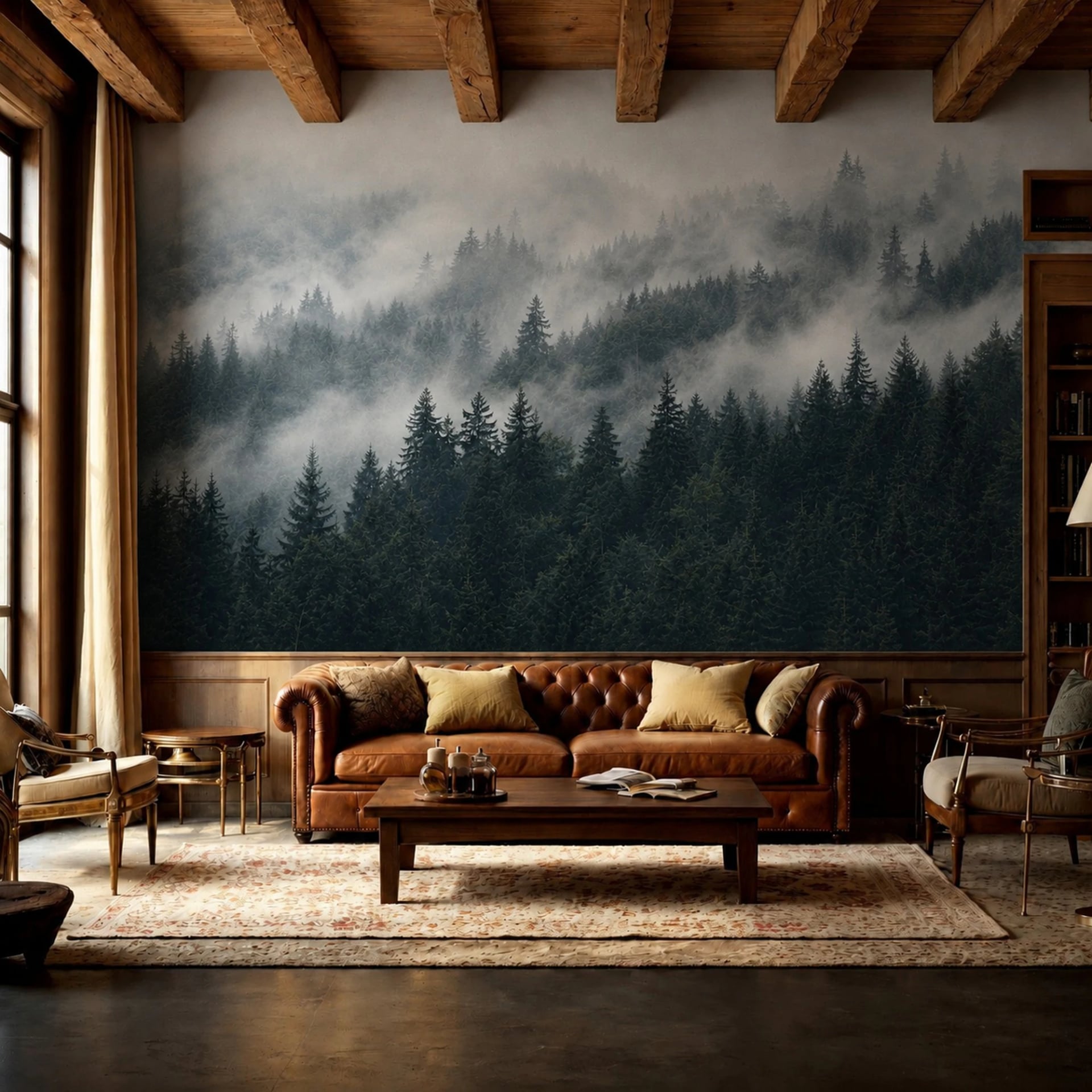 Foggy Alpine Pines wall mural shown in a styled interior, view 2
